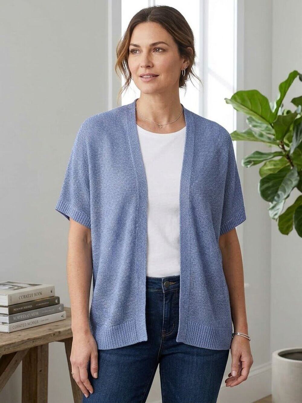 Chico's Light Blue Metallic Shimmer Open Front Cardigan Short Sleeve Size 1 M